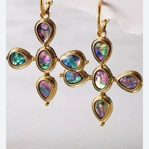 New Gold color Iridescent genuine  Abalone Cross Earrings
